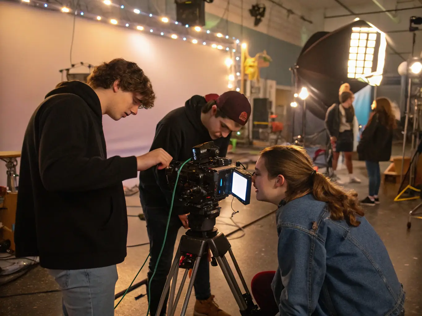 A photo of children working together on a video production project, using professional-grade equipment. They are smiling and engaged, demonstrating teamwork and collaboration.