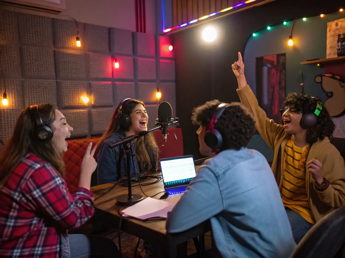 A dynamic image featuring children collaborating on a media production project, highlighting the MCN content creation aspect of Kidpreneur Land's programs.